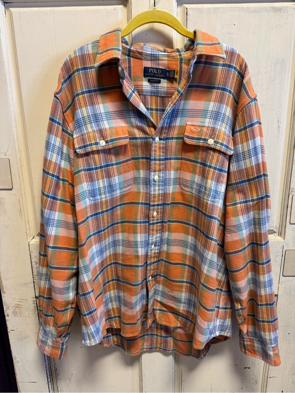 Polo Ralph Lauren Orange and Blue Plaid Flannel Button-Down